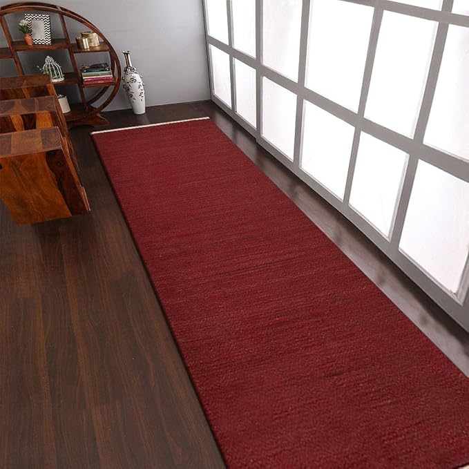 Rugsotic Carpets Hand Woven Flat Weave Kilim Wool ECO-Friendly Area Rugs - 2'6''x6', Runner Shape, Dark Red Color, Solid Plain Design, Low Pile Handmade Rugs for Living Room, Bed Room (D00111)