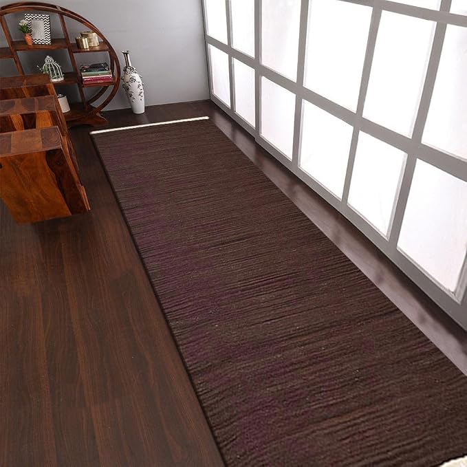 Rugsotic Carpets Hand Woven Flat Weave Kilim Wool ECO-Friendly Area Rugs - 3'x13', Runner Shape, Dark Brown Color, Solid Plain Design, Low Pile Handmade Rugs for Living Room, Bed Room (D00111)