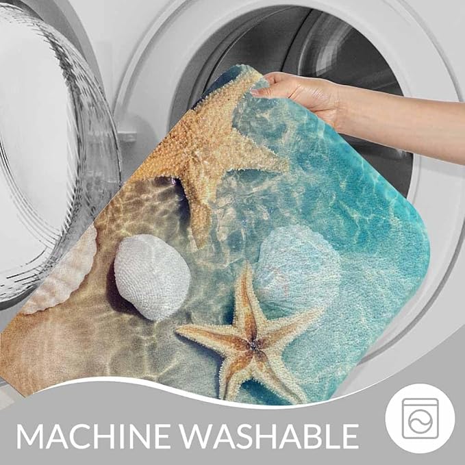 Palm Starfish Seashell Bath Rugs Microfiber Bathroom Mat Soft Plush Shaggy Shower Mat for Bathroom Fluffy Comfortable Water Absorbent Carpet Non-Slip Machine Washable 16"X24"