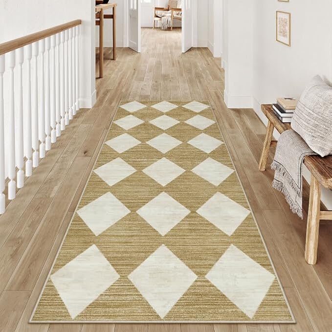 2x6 Runner Checkered Rug for Hallways Brown Washable Long Carpet Non-Slip Low Pile Boho Indoor Accent Throw Rug for Entrance Kitchen Bedroom Dining Laundry