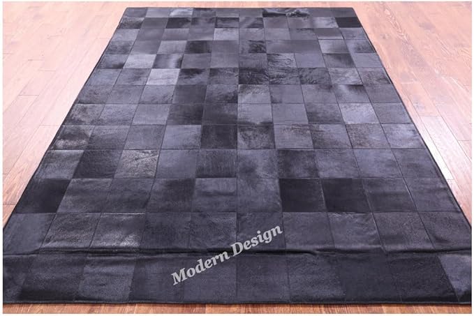 Modern Design Premium Cowhide Leather Carpet with Chevron Pattern, Area Rug (Black, 9'6"x14'0)