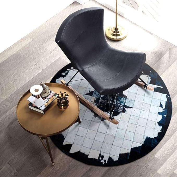 Round Black & White Cowhide Leather Area Rug – Modern Geometric Circle Carpet for Bedroom, Living Room, Dining, or Office – Soft, Non-Slip, Washable Accent Floor Rug | 5x5 ft