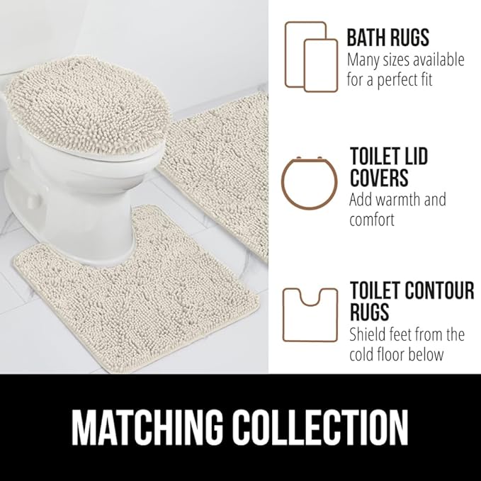 GORILLA GRIP Plush Absorbent Shaggy Chenille Bath Rug Mat for Square Toilet Base with Rubber Backing, Machine Washable Rugs, Soft Microfiber Contour Mats for Toilets, Bathroom Decor, Ivory