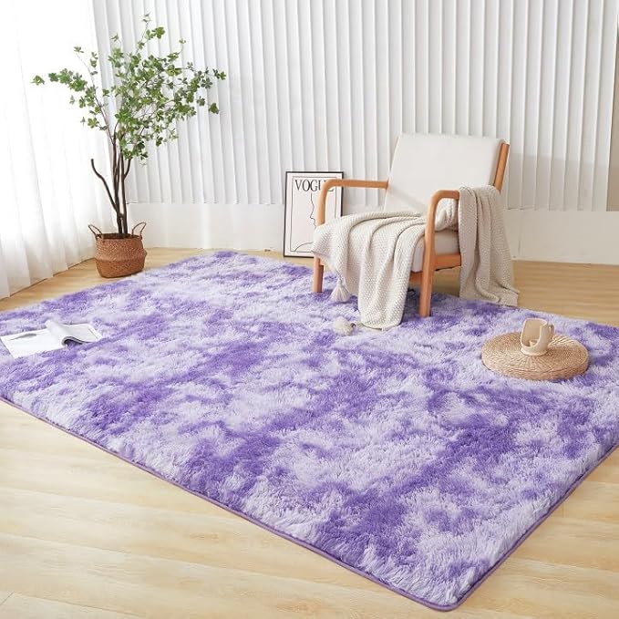Andency 6x9 Area Rugs, Large Shag Fluffy Soft Shaggy Rugs for Living Room Bedroom, Non-Slip Tie-Dyed Purple Thick Plush Carpet for Kids Girls and Boys, Dorm Nursery Home Decor Aesthetic