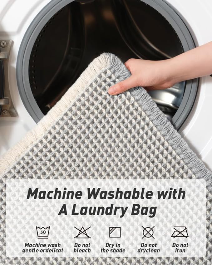 Upgraded Waffle Runner Rug Super Absorbent Non Slip Bath Mats for Bathroom Machine Washable Bathroom Runner Rug with Tassels, Ideal for Hallway Bedroom Laundry Room, 17" x 48", LightGrey & Cream
