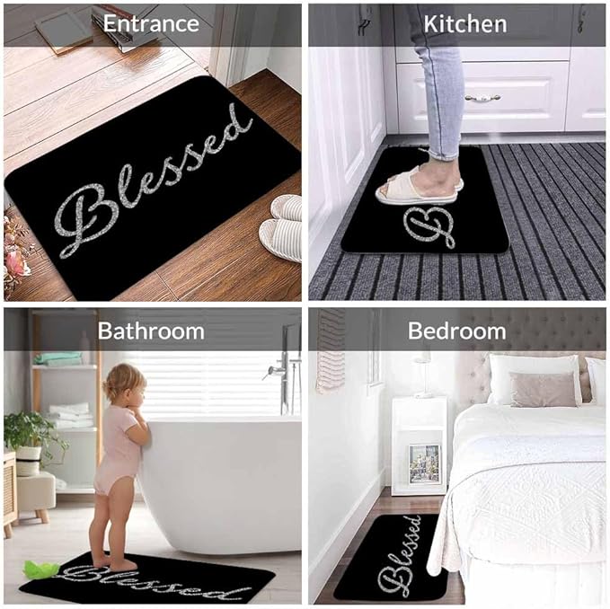 Black Glitter Blessed Bath Rugs Bible Verse Blessed Microfiber Bathroom Mat Soft Plush Shaggy Shower Mat for Bathroom Fluffy Comfortable Water Absorbent Carpet Non-Slip Machine Washable 20"X30"