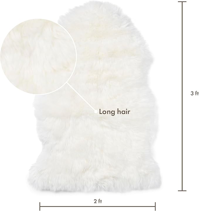 Sheepskin Long Hair 2x3 ft | Bedside Rugs for bedrooms, Sofa, Chair or The Dining Table | Each Sheepskin Rug is Unique and Created by Nature | Small Fluffy Rug in Color White
