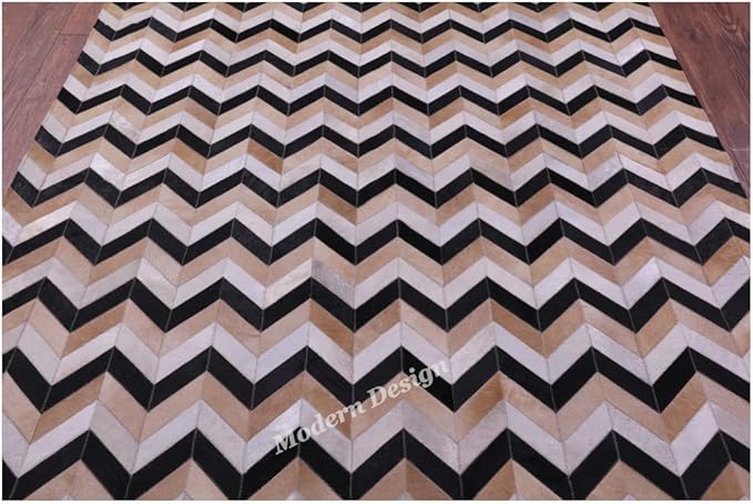 Modern Design Premium Cowhide Leather Carpet with Chevron Pattern, Area Rug (Beige/Black/Grey/Ivory, 3x12)