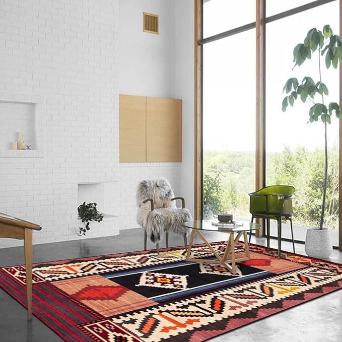 Vintage Boho Area Rugs Multicolor Ethnic Style Geometric Splicing Carpets Bedroom Living Room Kitchen Floor Mats Indoor Outdoor Non-Shedding Runner Rug Home Décor Carpet 2' X 5.2'