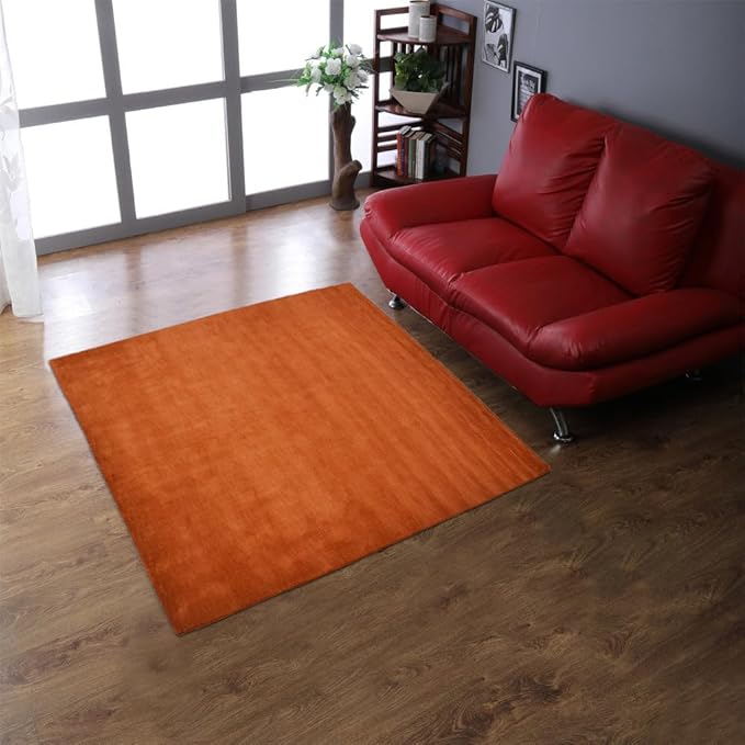 Hand Knotted Loom Wool ECO-Friendly Area Rugs - 6'x6', Square Shape, Orange Color, Plain Solid Design, High Pile Thick Handmade Anti Skid Area Rugs for Living Room, Bed Room (L00111)
