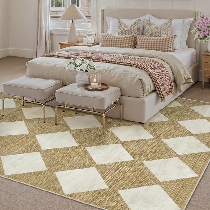 8x10 Checkered Area Rugs for Living Room Brown Machine Washable Large Rug Non-Slip Stain Resistant Low Pile Boho Accent Indoor Throw Carpet for Bedroom Dining Room Home Aesthetic Decor