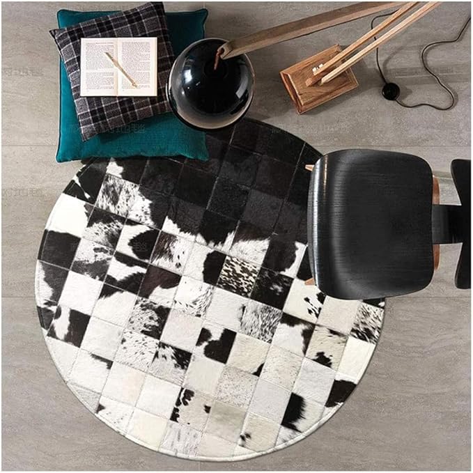 Cowhide Round Leather Rug 5x5 ft – Genuine Hair-On Hide Patchwork Area Rug for Living Room, Bedroom, Kids Playroom, Lounge & Western Home Decor