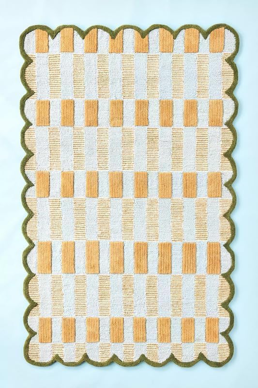 Handmade Woven Area Rug 5 x 8 ft with Scalloped Border, Cream and Mustard Checkered Pattern, Soft Decorative Rug for Living Room, Bedroom, Nursery