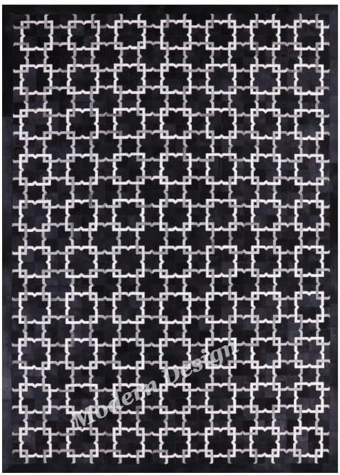 Modern Design Premium Cowhide Leather Carpet with Chevron Pattern, Area Rug (Black/Grey/White, 3x14)