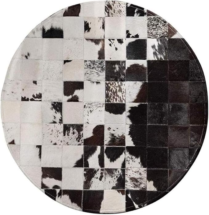 Cowhide Round Leather Rug 4x4 ft – Genuine Hair-On Hide Patchwork Area Rug for Living Room, Bedroom, Kids Playroom, Lounge & Western Home Decor