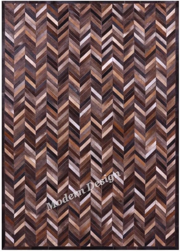 Modern Design Premium Cowhide Leather Carpet with Chevron Pattern, Area Rug (Natural Multi Brown, 8x10)