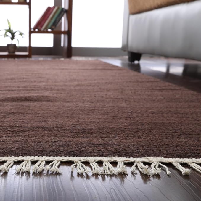 Rugsotic Carpets Hand Woven Flat Weave Kilim Wool ECO-Friendly Area Rugs - 8'x8', Square Shape, Dark Brown Color, Solid Plain Design, Low Pile Handmade Rugs for Living Room, Bed Room (D00111)