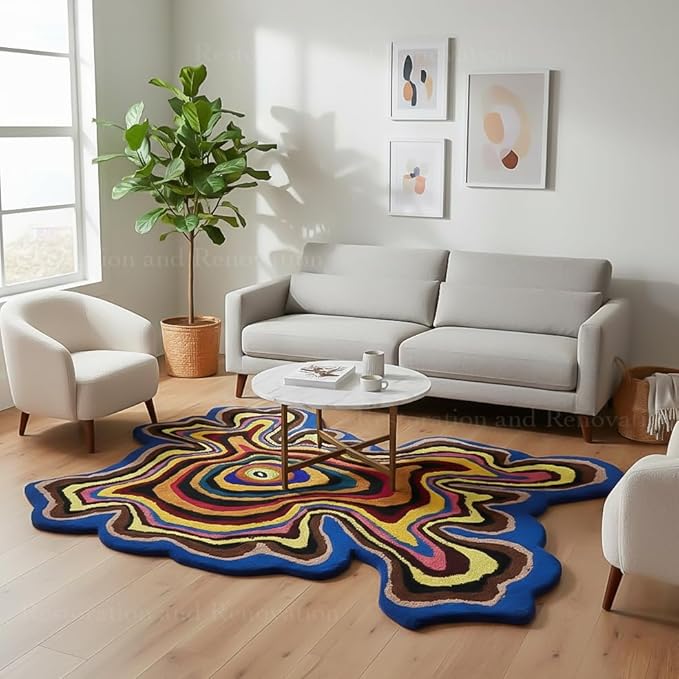 Irregular Shaped Handmade Wool Rug | Modern Colourful Stripe Premium Area Rug Perfect for Home Decor (4x4 ft, Multi.)