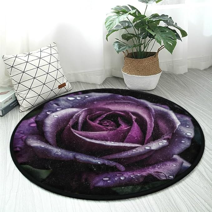Washable Non-Slip Round Rug Purple Rose Pattern, Perfect for Home Decor Indoor/Outdoor Use, Ideal for Living Room, Bedroom, Dorm Room, Office, and Dining Room.