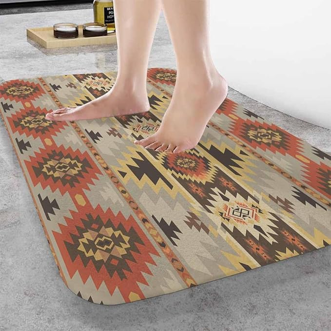 Geometric Pattern Bath Rugs American Navajo Style Aztec Microfiber Bathroom Mat Soft Plush Shaggy Shower Mat for Bathroom Fluffy Comfortable Water Absorbent Carpet Non-Slip Machine Washable 16"X24"