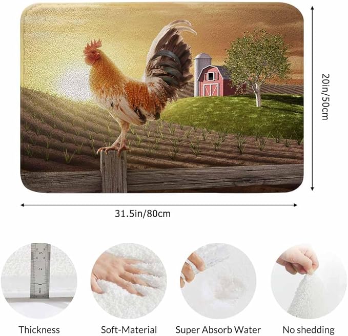 Rooster Bath Rugs for Bathroom Sunrise Rooster Hen Farm Fence Durable Flannel Bath Rug Clearance Mats for Forlaundry Room and Kitchen Decor Carpt Washable 20 X 32 Inch Mat