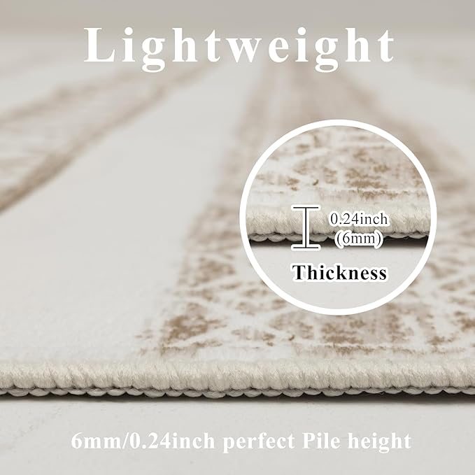 Washable Area Rugs 8x10, Large Rugs for Living Room, Carpet for Bedroom, Boho Soft Faux Wool Retro Dining Room Rug, Non-Slip Backing Resistant Low Pile Vintage Print Rug for Home Office(Beige)