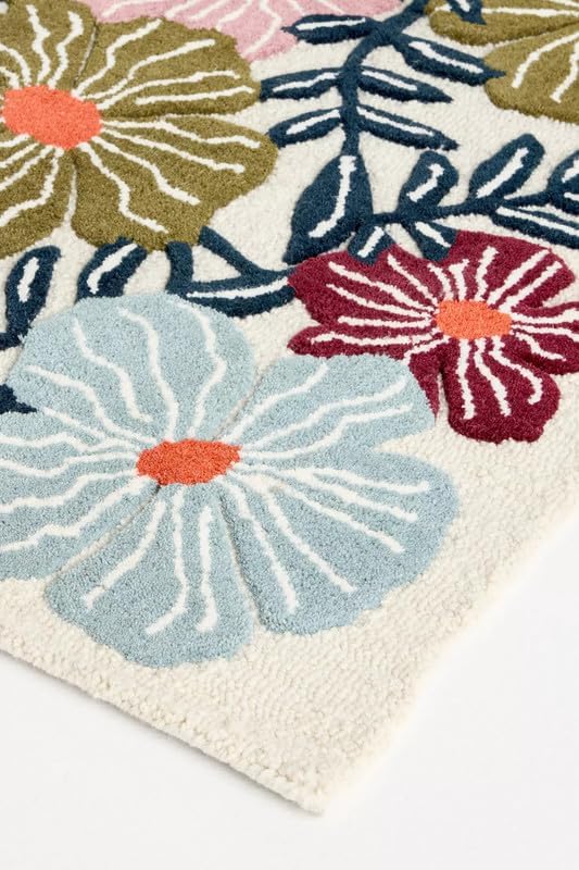 Bold Floral Hand-Tufted Wool Rug 2.5x11 Ft (Runner) – Vintage-Style Area Carpet with Modern Botanical Pattern for Living Room, Bedroom, Nursery, Cottagecore Décor, Soft Wool Pile, Cotton Backing
