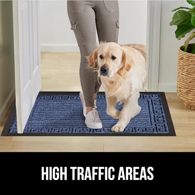 GORILLA GRIP 100% Waterproof All-Season WeatherMax Doormat, US Designed Natural Rubber, Stain and Fade Resistant, Low Profile Indoor Outdoor Door Mats, Easy Clean Patio Mat, 17x29, Navy Greek Keys