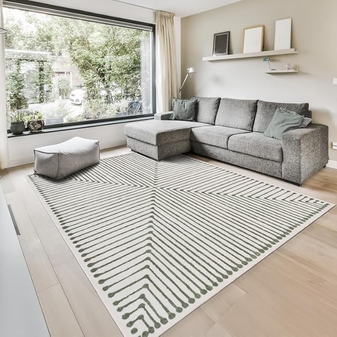 GLN Rugs Contemporary Collection - Machine Washable Area Rug, Contemporary Washable, Non Slip, Low Pile Chenille Rug, Living Room, Bedroom, Kitchen Rug (6' x 9' Green Beige)