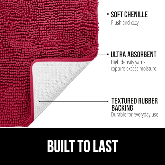 GORILLA GRIP Bath Rug Mat 36x24, Thick Soft Absorbent Chenille, Quick Dry Microfiber Mats, Rubber Backing Washable Shower Floor Rugs, Bathmat Runner, US Designed Bathroom Home Decor Accessories Red