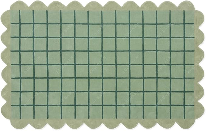 Mint Green Scalloped Edge Wool Area Rug with Checker Grid Design, Hand-Tufted Soft Carpet for Living Room, Bedroom, Nursery, Kids & Playroom Décor - 7x7 Ft (Round)