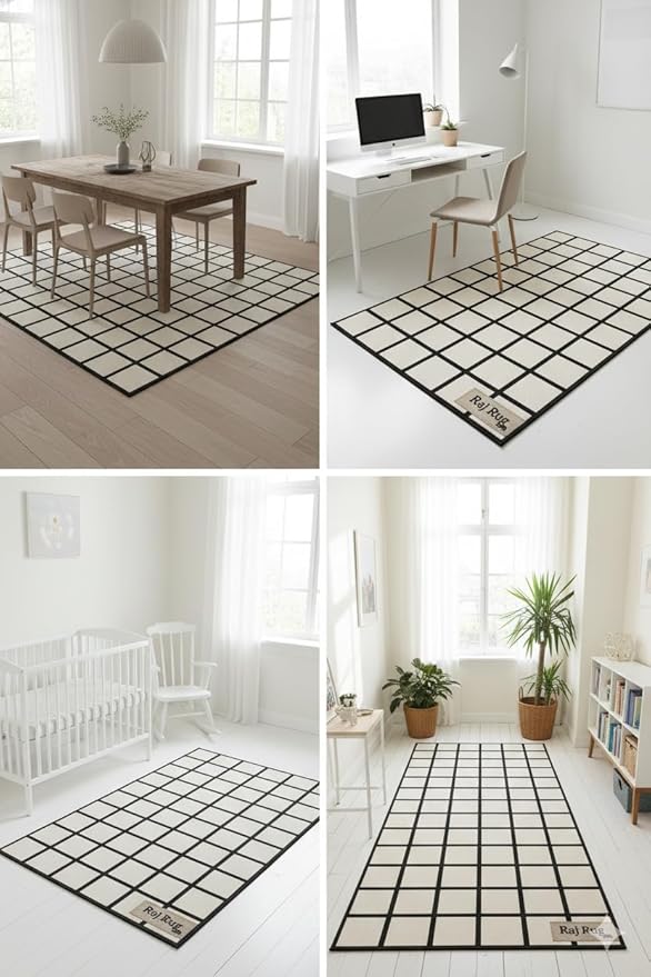 Handmade Wool Area Rug & Runner | Modern Grid Pattern Carpet for Living Room, Bedroom, Hallway & Home Décor | Multiple