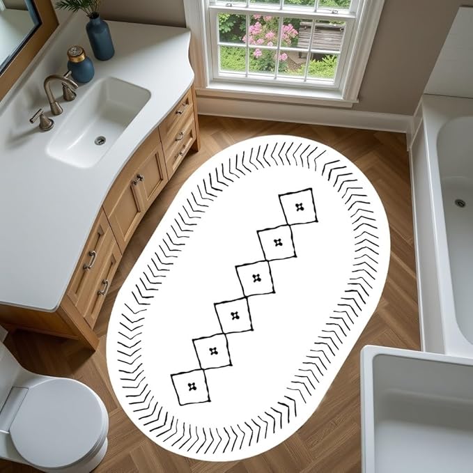 Simple Black and White Geometric Texture Bordered Area Rug 5x7 for Living Room Bedroom Dining Room Soft Washable Anti Slip Floor Mats Doormat Modern Minimalist Large Carpet Cozy Indoor Oval Rugs