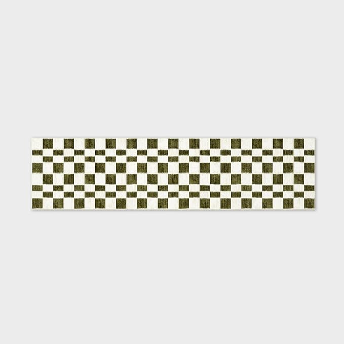 EVERGRACE Checkered Plaid Area Rug 2x8, Soft Fuzzy Faux Wool Rugs Washable Anti Slip Long Runner Rug Carpet for Entryway Bedroom Living Room Hallway Kitchen Dining Room and Laundry, Olive Green