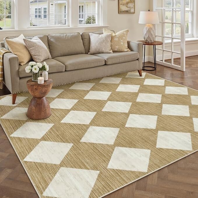 5x7 Checkered Area Rugs for Living Room Brown Machine Washable Large Rug Non-Slip Stain Resistant Low Pile Boho Accent Indoor Throw Carpet for Office Bedroom Dining Room Classroom
