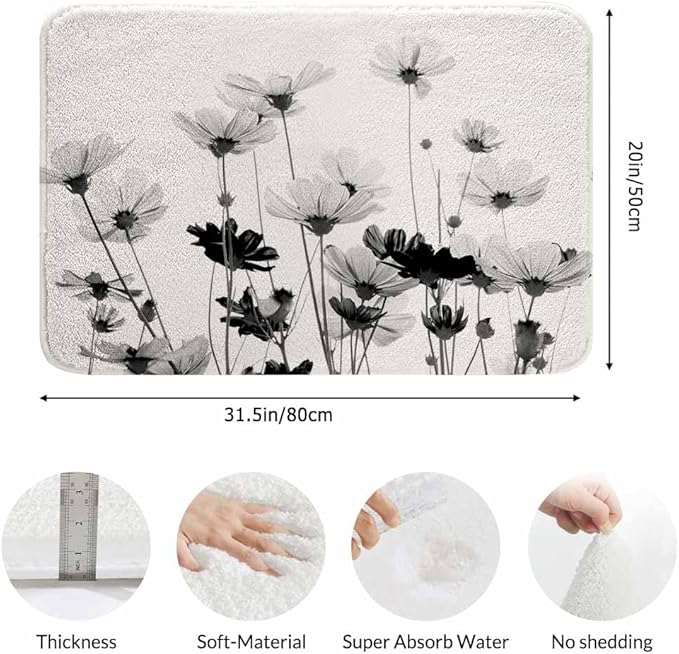 Cosmos Flowers Bath Mat for Bathroom Black and White Pattern Bath Rugs Door Mat Non Slip Rubber Backed Bathroom Floor Mat for Bathtub Sink Shower 20"X32"