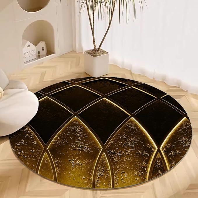 Luxury Black Gold Round Rug Vintage Golden Texture Living Room Circle Area Rugs 4ft Washable Soft Non Slip Low Pile Indoor Floor Carpet for Bedroom Office Kitchen Coffee Table