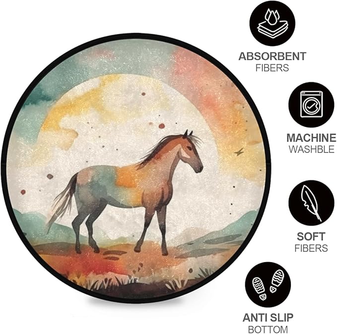 Round Washable Non-Slip Rug for Home & Office Soft Carpet for Living Room, Bedroom & Entryway Indoor/Outdoor Horse Watercolor Design Perfect for Dining Room Rubber Backed & Easy to Clean.