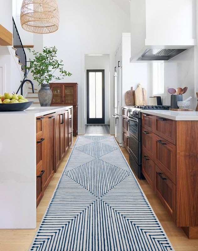 GLN Rugs Contemporary Collection - Machine Washable Area Rug, Contemporary Washable, Non Slip, Low Pile Chenille Rug, Living Room, Bedroom, Kitchen Rug (2'6" x 10' Blue Ivory)