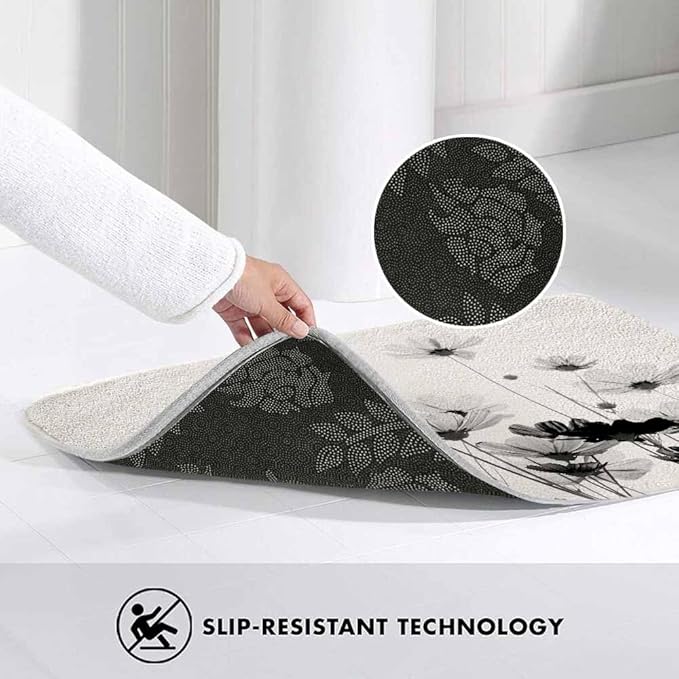 Cosmos Flowers Bath Mat for Bathroom Black and White Pattern Bath Rugs Door Mat Non Slip Rubber Backed Bathroom Floor Mat for Bathtub Sink Shower 20"X32"