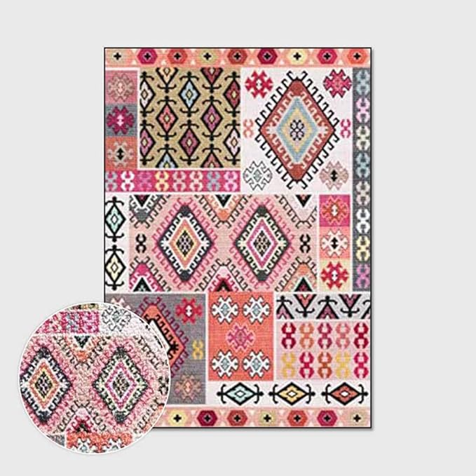 Vintage Boho Area Rugs Multicolor Ethnic Style Geometric Splicing Carpets Bedroom Living Room Kitchen Floor Mats Indoor Outdoor Non-Shedding Runner Rug Home Décor Carpet 3.2' X 5.2'