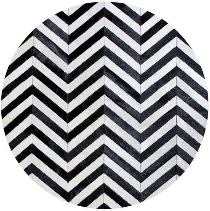 Round Cowhide Rug Black and White – Handmade Genuine Leather Chevron Patchwork Carpet – Modern Luxury Hide Area Rug for Living Room Bedroom Office Rustic Farmhouse Home Décor, (6×6ft)