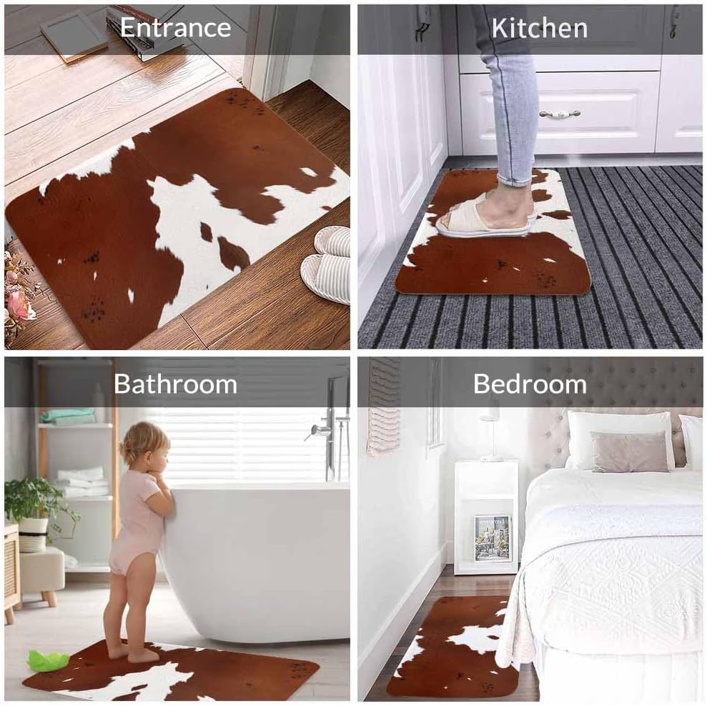 Cowhide Bathroom Mat Rugs Farm Animal Brown Cowhide Print Cow Microfiber Faux Cashmere Thick Plush Bath Mat Non-Slip Water Absorbent Bath Carpet for Bathtub Bathroom Floor Tub 16X24 Inch