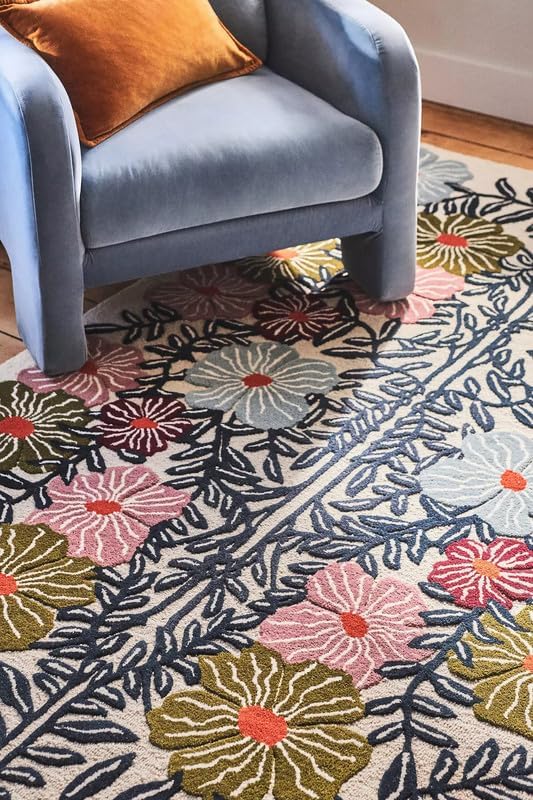 Bold Floral Hand-Tufted Wool Rug 9x9 Ft (Round) – Vintage-Style Area Carpet with Modern Botanical Pattern for Living Room, Bedroom, Nursery, Cottagecore Décor, Soft Wool Pile, Cotton Backing