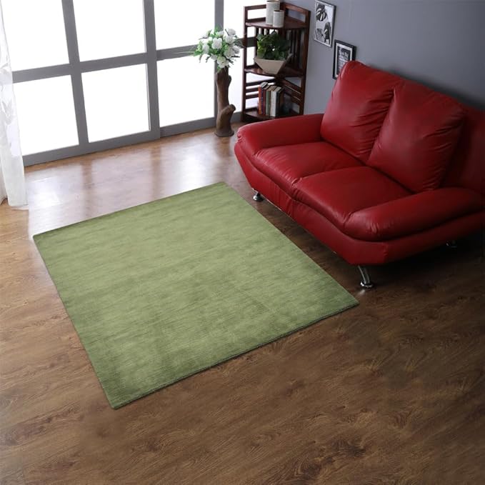Hand Knotted Loom Wool ECO-Friendly Area Rugs - 8'x8', Square, Green Color, Solid Plain Design, High Pile Thick Handmade Anti Skid Area Rugs for Living Room, Bed Room (L00111)