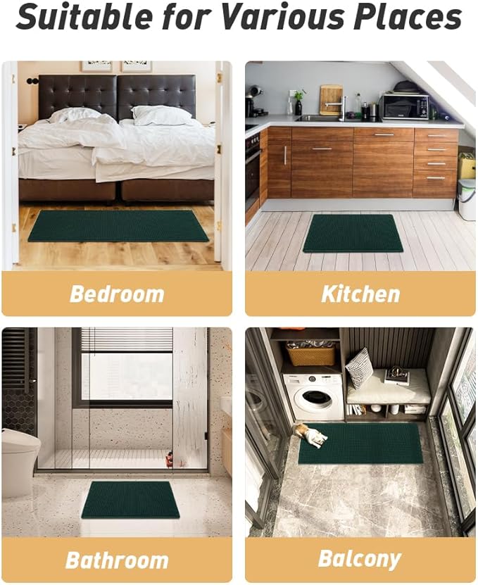 AMOAMI Upgraded Waffle Bath Mat, Super Absorbent Non Slip Bath Mats for Bathroom Floor, Machine Washable Bathroom Rugs with Tassels, Rubber Backed Bathroom Mats, Ultra Soft, 17" x 24", Dark Green
