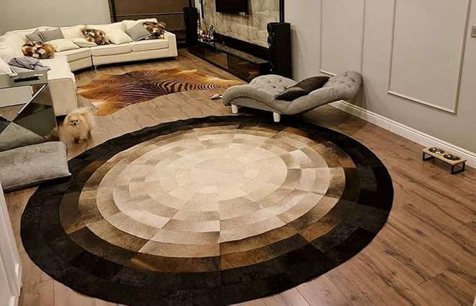 Round Faux Cowhide Leather Rug – Rustic Western Boho Farmhouse Concentric Rings Non-Slip Durable Faux Leather Round Area Carpet for Living Room Bedroom Office – Brown & White, 4×4ft