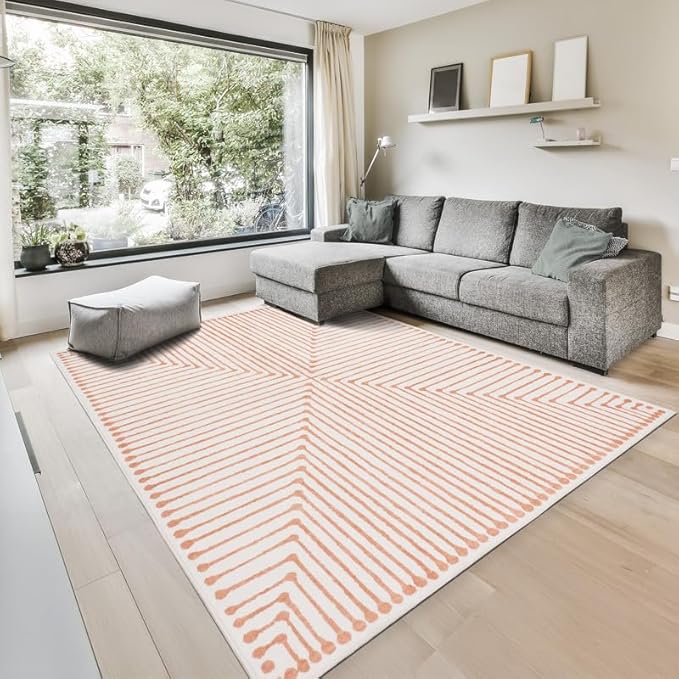 GLN Rugs Contemporary Collection - Machine Washable Area Rug, Contemporary Washable, Non Slip, Low Pile Chenille Rug, Living Room, Bedroom, Kitchen Rug (3' x 5' Orange Beige)