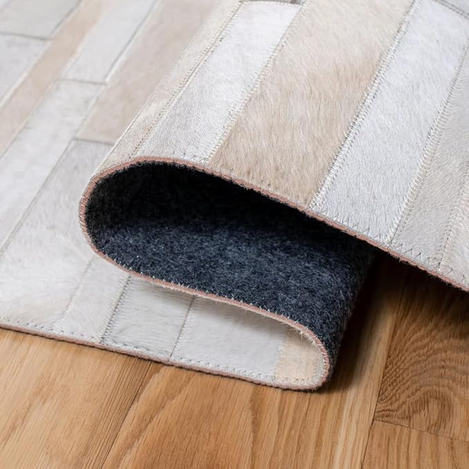 Cowhide Leather Rug for Living Room 5x8 Natural Leather Rug Modern Stripes Style Floor Carpet for Home Decor | Superior Indoor Area Rug, White
