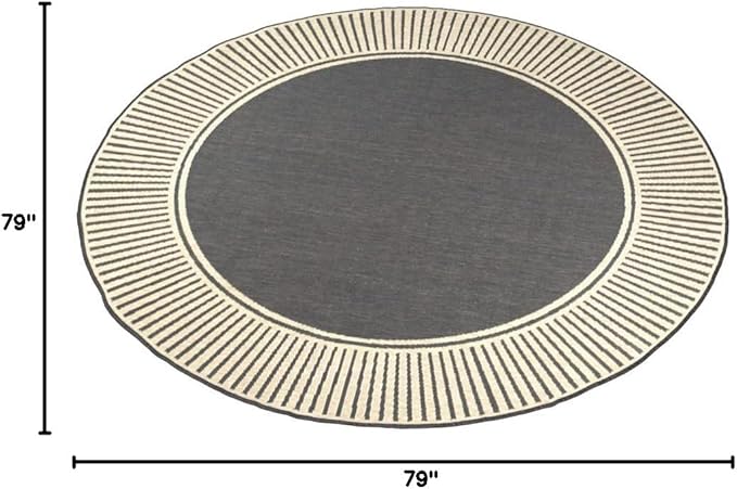 Nuloom Asha Dark Grey/Ivory, 6'7" Round, Casual, Striped Border, Soft and Cozy, High Traffic, Stain Resistant, Easy Clean, Durable Area Rug for Indoor/Outdoor Patio, Deck, Porch, Garden, Courtyard